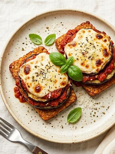 Air Fryer Tempeh & Eggplant Parm Stacks with Melted Mozzarella