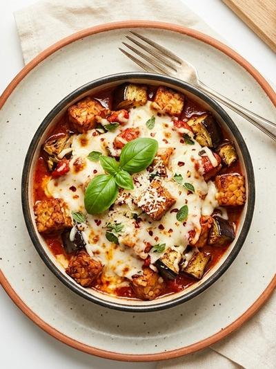 Air Fryer Tempeh Pizzaiola Bowls with Eggplant & Melted Mozzarella