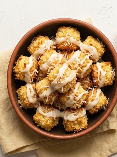 Air Fryer Toasted Coconut Pound Cake Bites with Cream Cheese Glaze