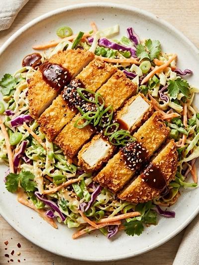 Air Fryer Tofu Katsu with Creamy Sesame-Ginger Slaw