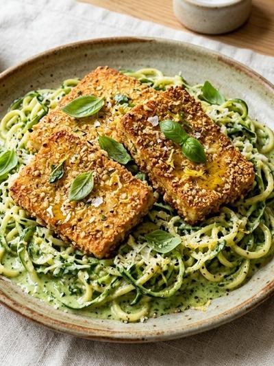 Air Fryer Tofu Milanese with Creamy Basil Zucchini Noodles