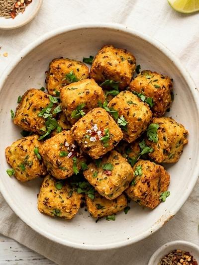 Air Fryer Tofu Tikki Bites with Avocado-Cilantro Chutney