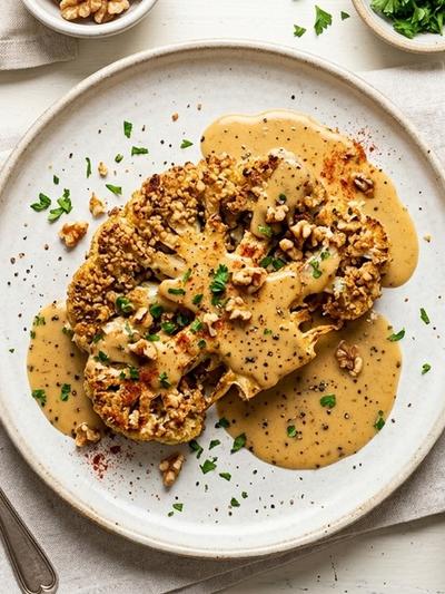 Air Fryer Walnut-Crusted Cauliflower Steaks with Smoky Cheddar Gravy