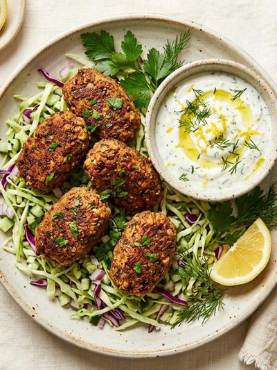 Air Fryer Walnut-Flax Kofta with Lemon-Dill Yogurt