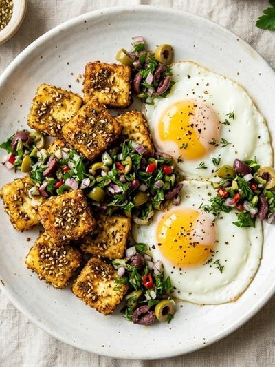 Air Fryer Za'atar Paneer with Soft Eggs & Olive-Herb Salsa