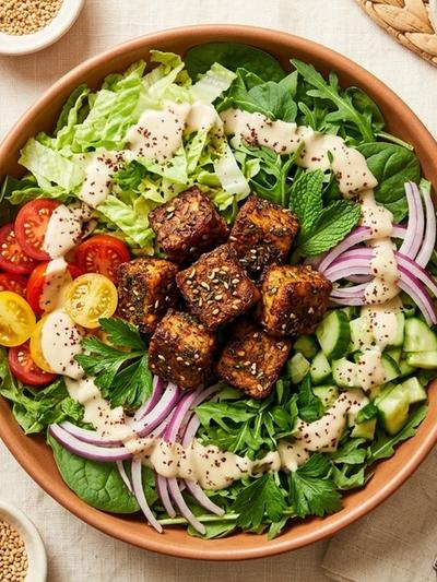 Air Fryer Za'atar Tempeh Shawarma Bowls with Lemon Tahini