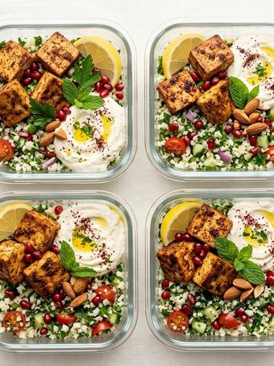 Batch-Prep Baharat Tofu Bowls with Cauliflower Tabbouleh & Whipped Feta