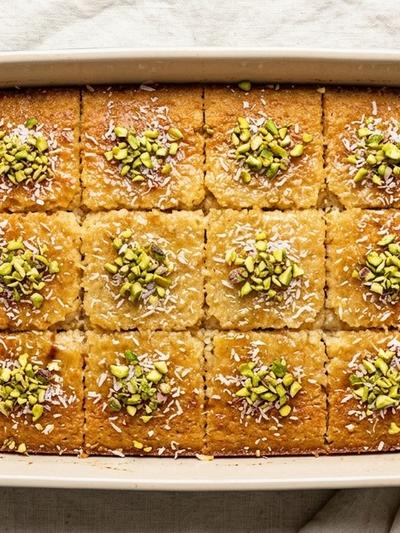 Batch-Prep Coconut Basbousa Squares with Orange Blossom Syrup & Pistachios