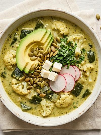 Batch-Prep Coconut Pozole Verde with Pepitas & Avocado