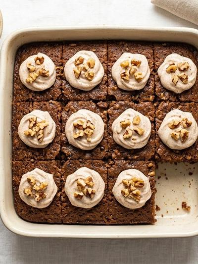 Batch-Prep Greek Karydopita Squares with Cinnamon Cream & Toasted Walnuts