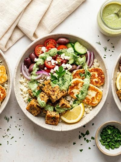 Batch-Prep Greek Tempeh Souvlaki Bowls with Crispy Halloumi & Herb Tahini