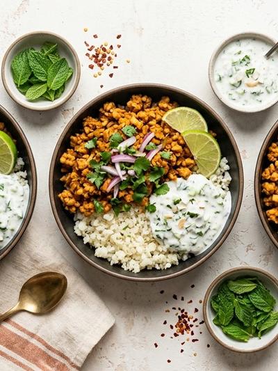Batch-Prep Indian Tempeh Keema Bowls with Coconut Mint Raita