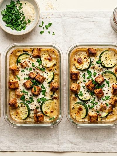 Batch-Prep Italian Coconut Carbonara Bake with Smoked Tofu & Zucchini
