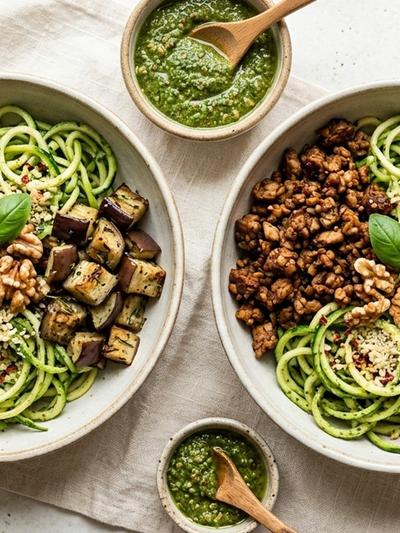 Batch-Prep Italian Pesto Tempeh Bowls with Zucchini Noodles