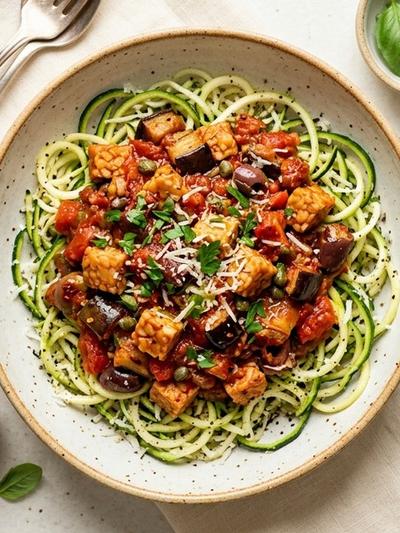 Batch-Prep Italian Tempeh Puttanesca with Eggplant & Parmesan Zoodles