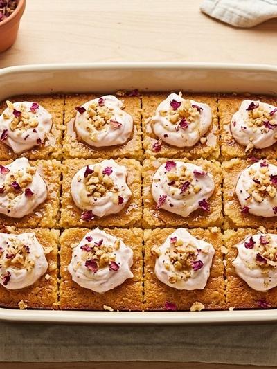 Batch-Prep Mediterranean Almond Basbousa with Rose Cream & Walnuts
