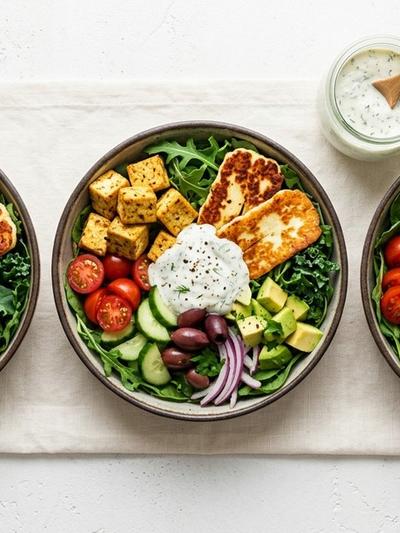 Batch-Prep Mediterranean Tofu & Halloumi Bowls with Creamy Dill Yogurt