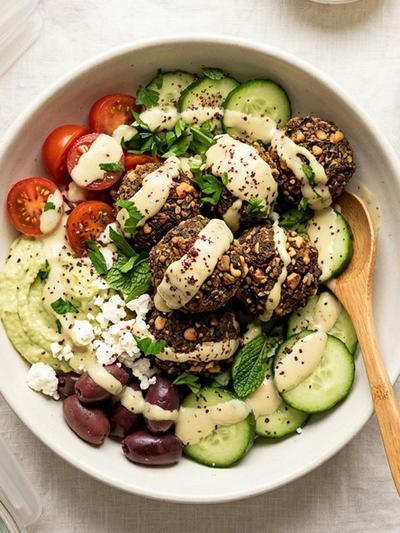 Batch-Prep Mediterranean Walnut-Hemp Falafel Bowls with Lemon Tahini