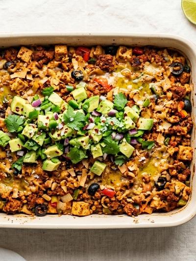 Batch-Prep Mexican Coconut Chorizo Tofu Bake with Avocado Salsa