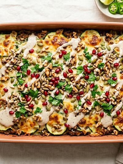 Batch-Prep Mexican Nogada Zucchini Bake with Walnut-Seed Cream