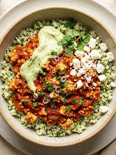 Batch-Prep Mexican Tofu Tinga Bowls with Cotija & Avocado Crema
