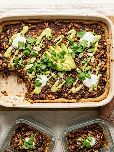 Batch-Prep Mexican Walnut-Hemp Tamale Pie with Avocado-Lime Drizzle