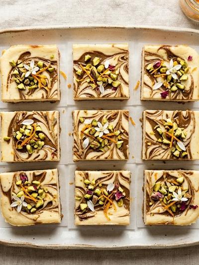 Batch-Prep Ricotta Tahini Swirl Bars with Orange Blossom & Pistachios