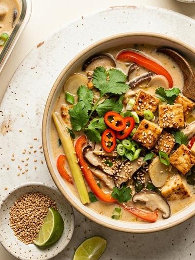 Batch-Prep Thai Coconut Tom Kha Tofu Stew with Crispy Sesame
