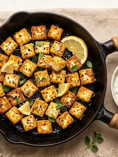 Crispy Skillet Greek Paneer Bites with Cool Tzatziki