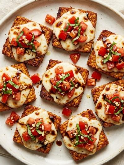 Crispy Skillet Tempeh Bruschetta with Melted Mozzarella