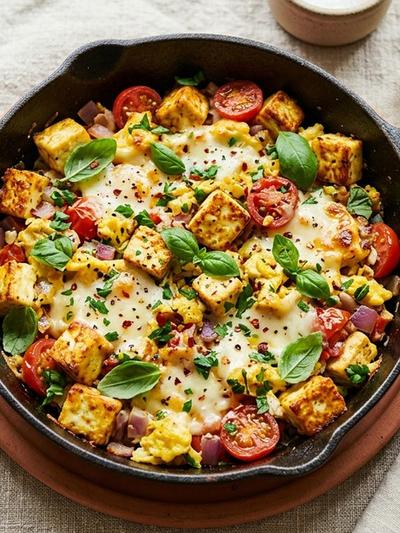 Italian Paneer Breakfast Skillet with Mozzarella and Basil