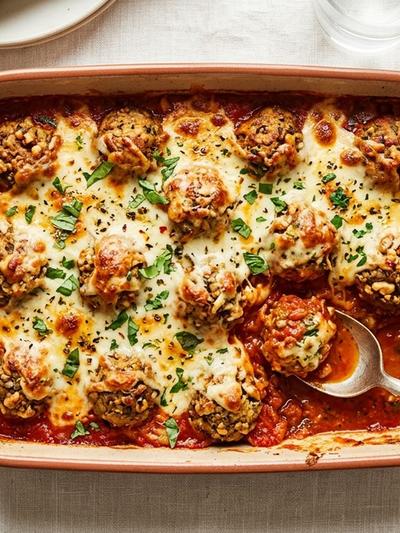 Italian Walnut & Seed "Meatball" Bake with Melted Mozzarella