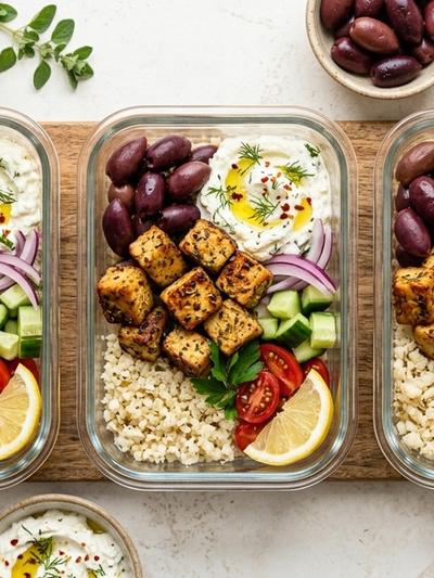 Meal-Prep Mediterranean Tempeh Bowls with Whipped Feta & Olives