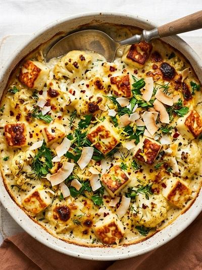 Mediterranean Coconut Cream Halloumi and Cauliflower Bake