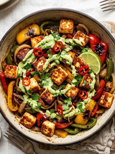 One-Pan Halloumi Alambre with Charred Peppers & Avocado Crema