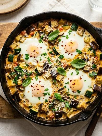 One-Pan Italian Egg & Eggplant Skillet with Parmesan Cream