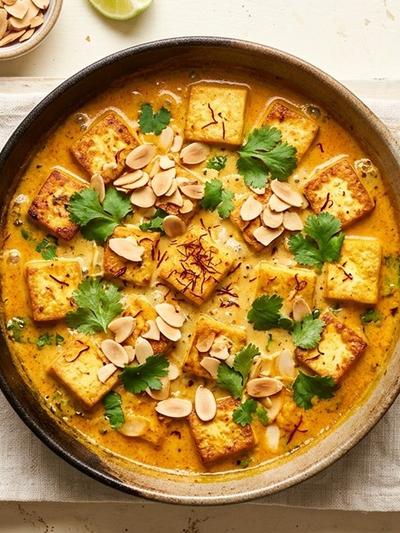 One-Pan Kashmiri Saffron Tofu in Coconut-Almond Cream