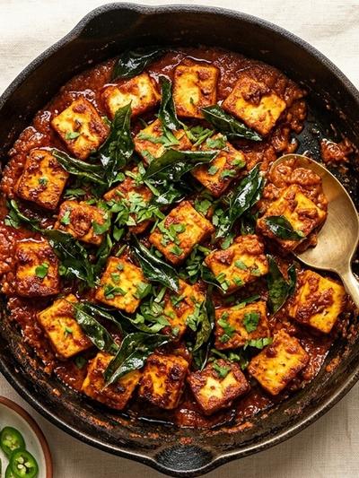 One-Pan Mangalorean Paneer Ghee Roast with Crispy Curry Leaves