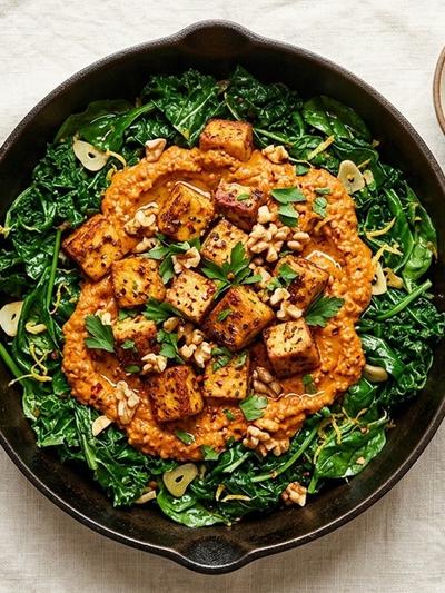 One-Pan Turkish Tofu with Walnut Muhammara & Garlicky Greens