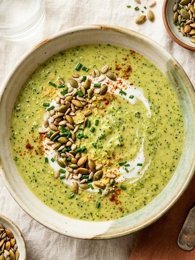 One-Pot Coconut Cream Broccoli "Cheddar" Soup with Toasted Seeds