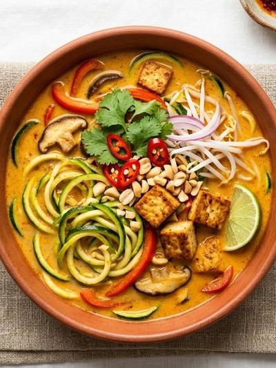 One-Pot Coconut Laksa with Zucchini Noodles & Golden Tofu