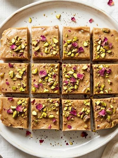 One-Saucepan Turkish Coconut-Tahini Halva Fudge with Rose & Pistachios