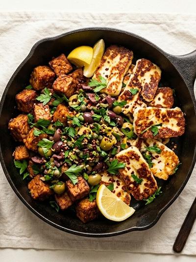 One-Skillet Aleppo Tempeh with Crispy Halloumi & Warm Olive-Caper Crush
