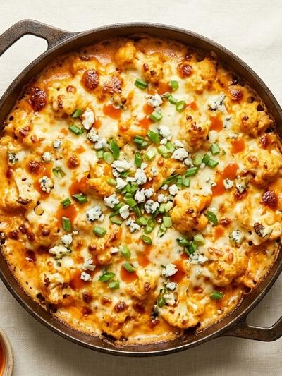 One-Skillet Buffalo Cream Cheese Cauliflower Gratin