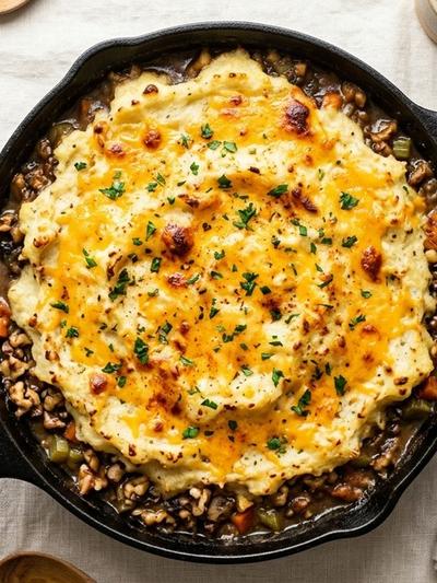 One-Skillet Cheesy Walnut Shepherd's Pie with Cauliflower Mash