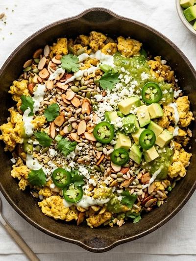 One-Skillet Chilaquiles Scramble with Almond-Seed Crunch