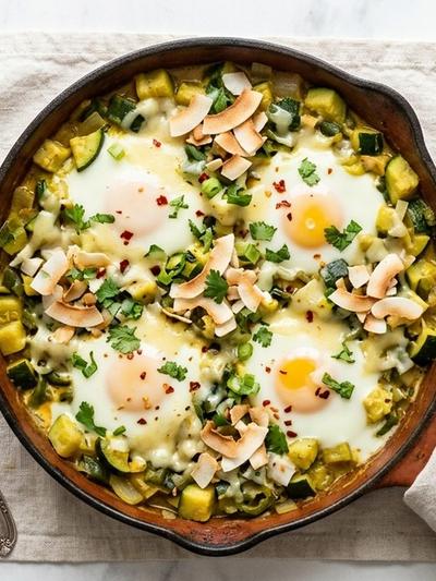 One-Skillet Coconut Cream Calabacitas with Eggs & Pepper Jack