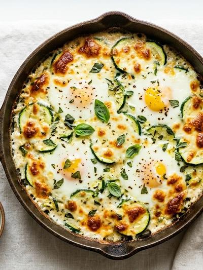 One-Skillet Coconut Cream Zucchini Egg Bake with Bubbly Mozzarella