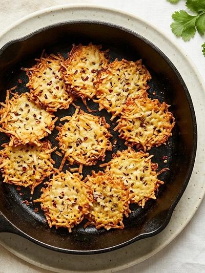 One-Skillet Coconut-Cumin Cheese Crisps with Avocado-Lime Dip