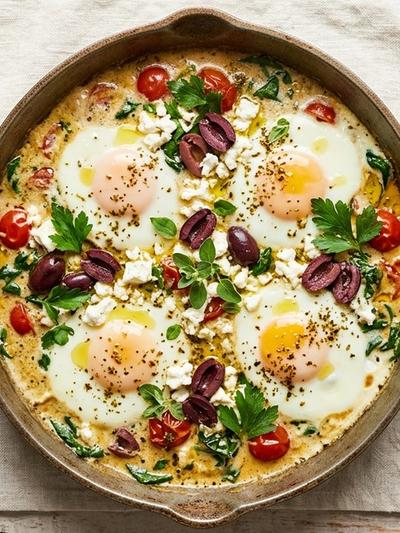 One-Skillet Coconut Za'atar Eggs with Feta and Olives